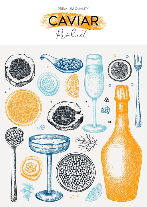 Caviar and champagne hand drawn illustration in color. Hand drawn menu design with red caviar canape, canned black caviar, sparkling wine bottle, glasses sketches. Seafood background